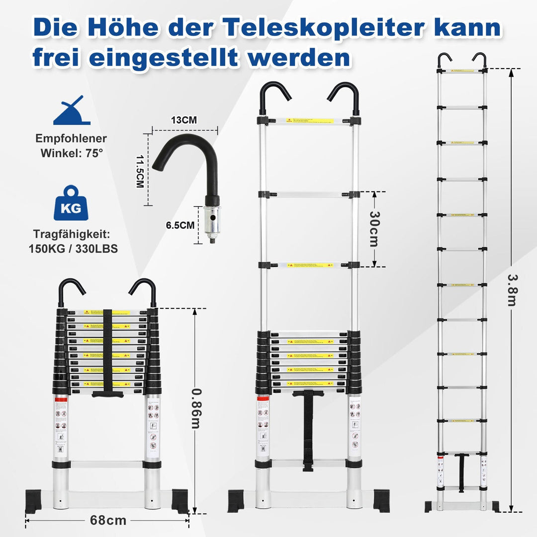 Telescopisk stige med 2 avtakbare kroker med stabilisator | Luvikno
