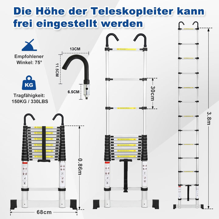 Telescopisk stige med 2 avtakbare kroker med stabilisator | Luvikno