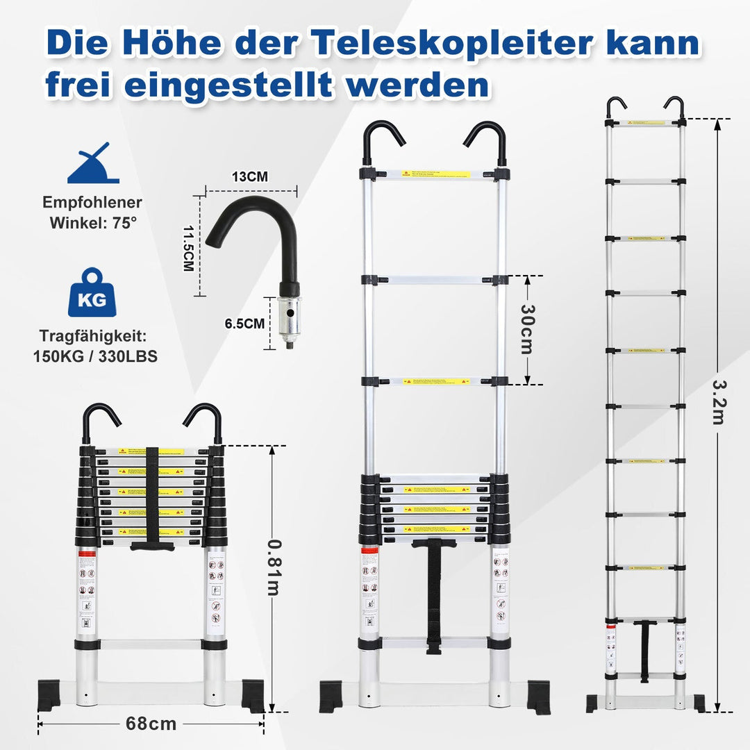 Telescopisk stige med 2 avtakbare kroker med stabilisator | Luvikno