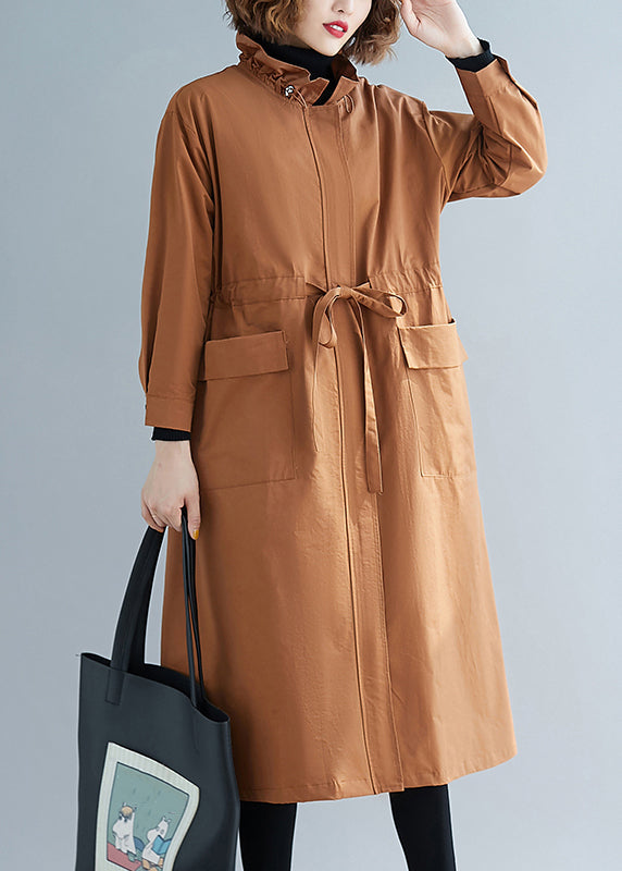 Luvik | Karamelli korkeakauluksinen nauhat patchwork puuvilla trench-coatit