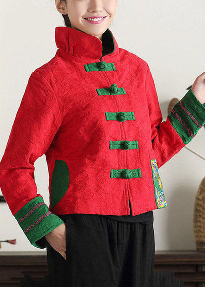 Luvik | Kiina-puuvillasta valmistettu vihreä korkea kauluksellinen kirjailtu patchwork-takki