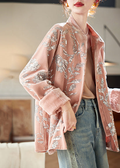 Luvik | Pitkähihainen vaaleanpunaisin strassein varustettu silkkiveluuritakki