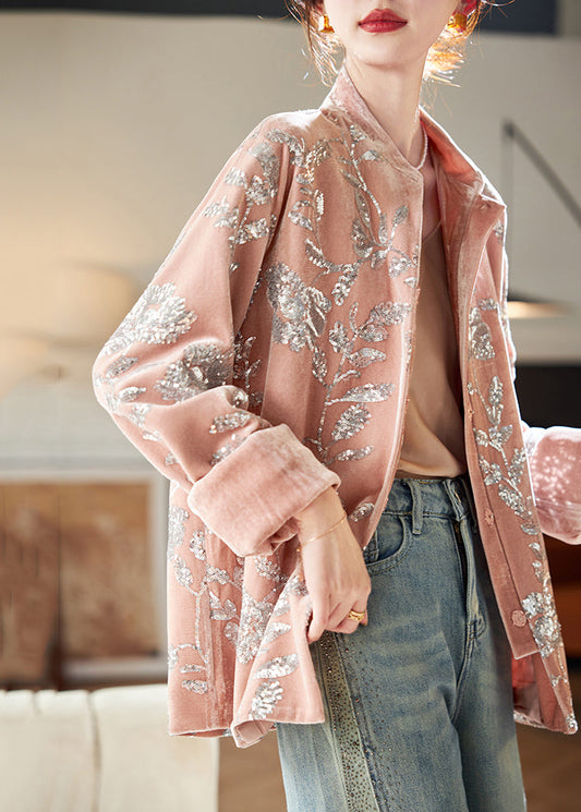 Luvik | Pitkähihainen vaaleanpunaisin strassein varustettu silkkiveluuritakki