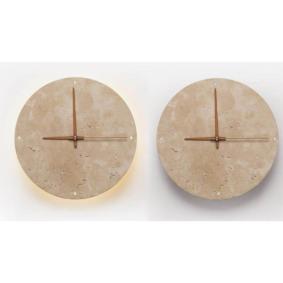 Travertine Veggklokke med LED Lys – Minimalistisk & Dekorativ | Høy- Kvalitets Naturlig Stein Klokke | Luvikno