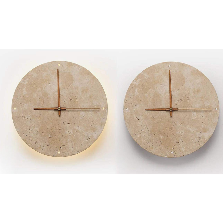 Travertine Veggklokke med LED Lys – Minimalistisk & Dekorativ | Høy- Kvalitets Naturlig Stein Klokke | Luvikno