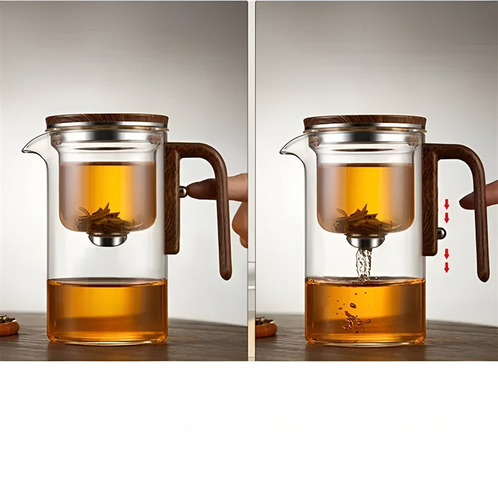 Glas tekanne med trebhandle – Én-klikks filter | Perfect for løs te & Puer | Luvikno