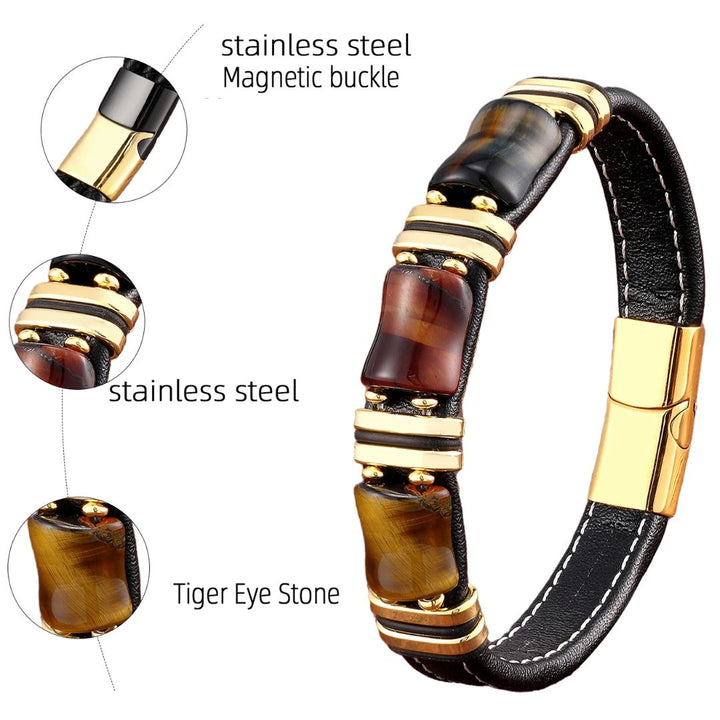 Armbånd Skinn Gull | Tiger Eye Perle Herrers Smykker Luvikno