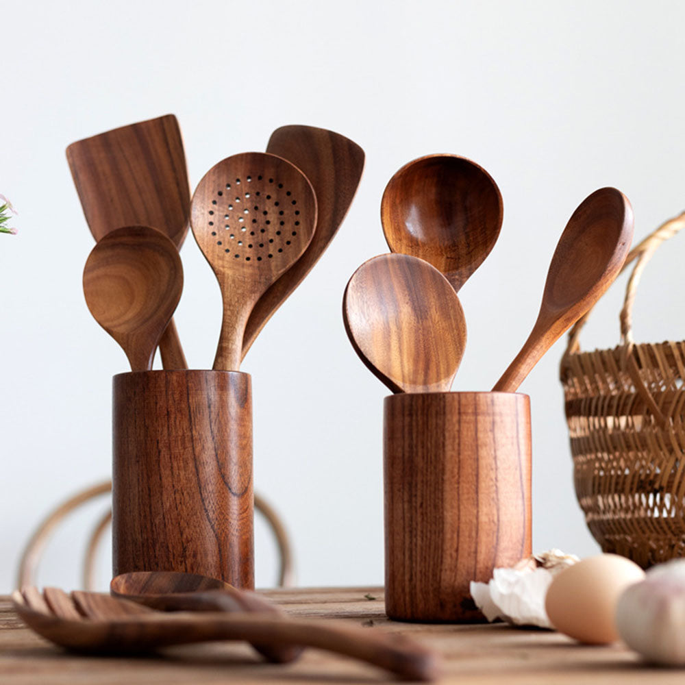 Luvikno | Elegant Økologisk Teak Kjøkkenredskap Samling for Hver Kokk - Non-Scratch & Easy to Clean