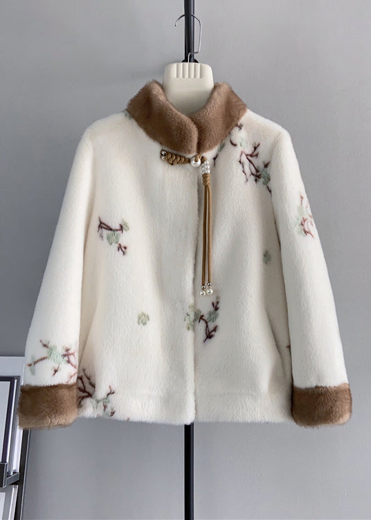 Luvik | Beige Ståkrage Dusker Brodert Mink Villkashmir Vinterjakker