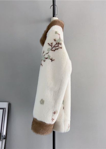 Luvik | Beige Pystyskaulus Tupsut Brodeerattu Mink Villoituskashmir Talvitakit