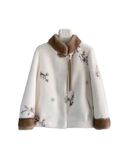 Luvik | Beige Pystyskaulus Tupsut Brodeerattu Mink Villoituskashmir Talvitakit