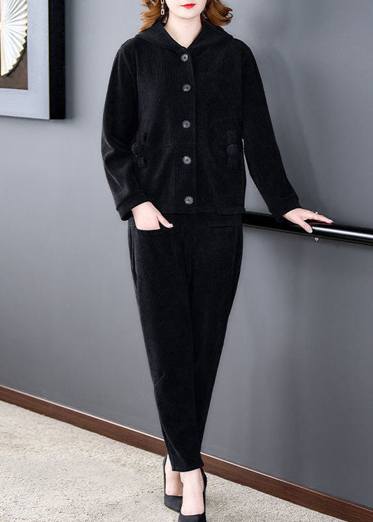 Luvik | Yksivärinen samettinen musta huppari ja haremihousut Kaksiosainen talvikokonaisuus