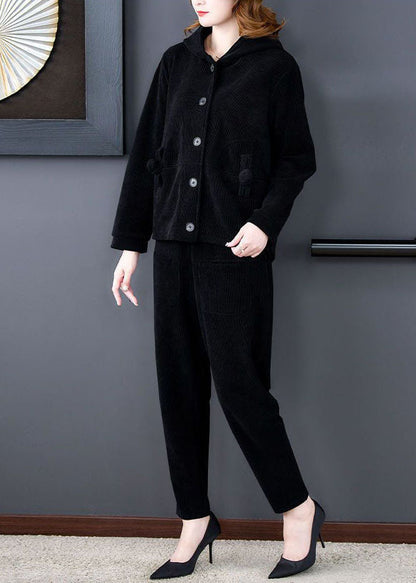 Luvik | Yksivärinen samettinen musta huppari ja haremihousut Kaksiosainen talvikokonaisuus