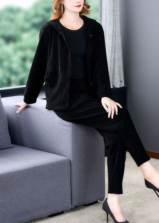 Luvik | Yksivärinen samettinen musta huppari ja haremihousut Kaksiosainen talvikokonaisuus