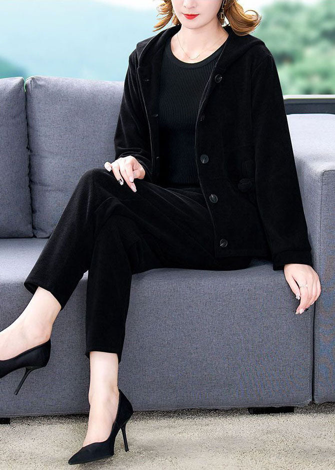 Luvik | Yksivärinen samettinen musta huppari ja haremihousut Kaksiosainen talvikokonaisuus