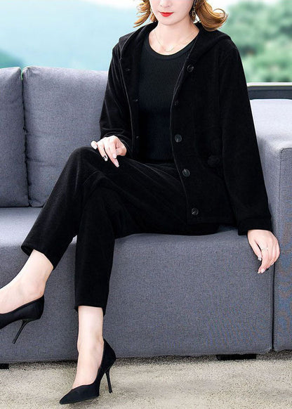 Luvik | Yksivärinen samettinen musta huppari ja haremihousut Kaksiosainen talvikokonaisuus