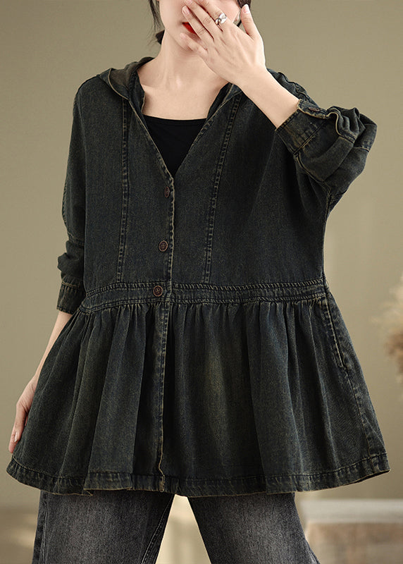 Luvik | Mustat farkkutakit, joissa on taitettavat taskut, huppu ja V-pääntie