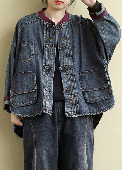 Luvik | Denim päällystakkia sininen patchwork O-kaula-aukko muotoilu pitkä-lyhyt puuvillasta