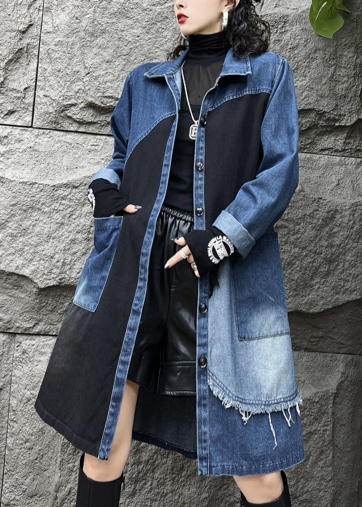 Luvik | Sininen Peter Pan Kaulus Napit Taskut Denim Trench-takit Pitkät