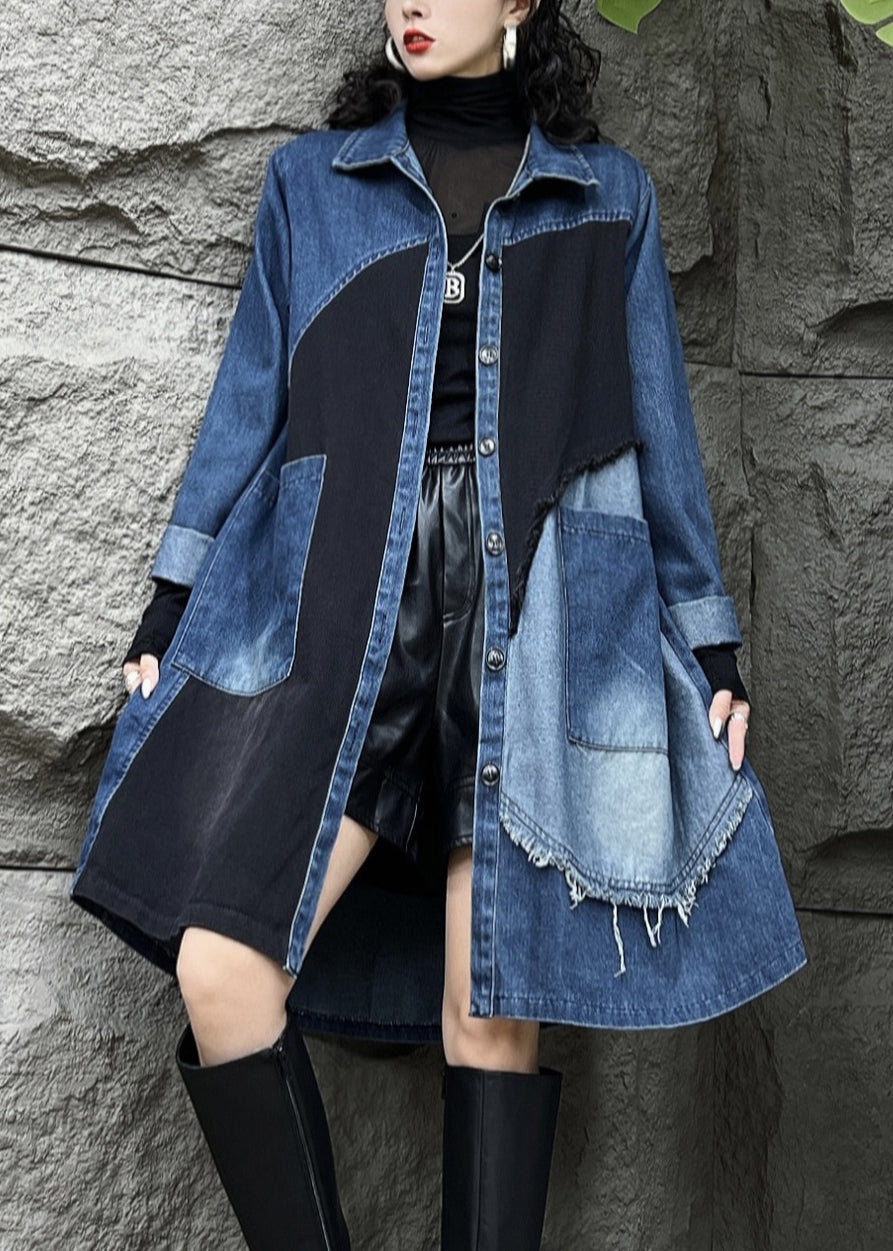 Luvik | Blå Peter Pan Krage Knapp Lommer Denim Trench-coats Lange
