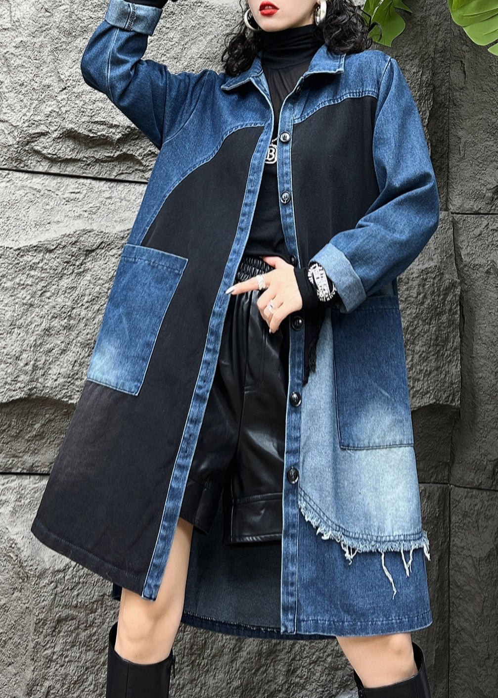 Luvik | Blå Peter Pan Krage Knapp Lommer Denim Trench-coats Lange