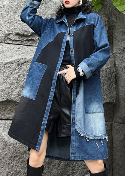 Luvik | Sininen Peter Pan Kaulus Napit Taskut Denim Trench-takit Pitkät