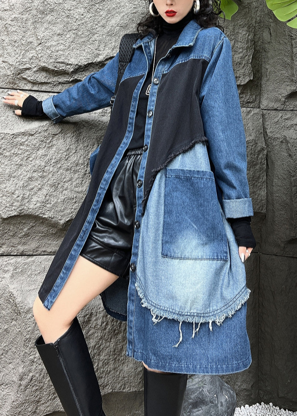Luvik | Sininen Peter Pan Kaulus Napit Taskut Denim Trench-takit Pitkät