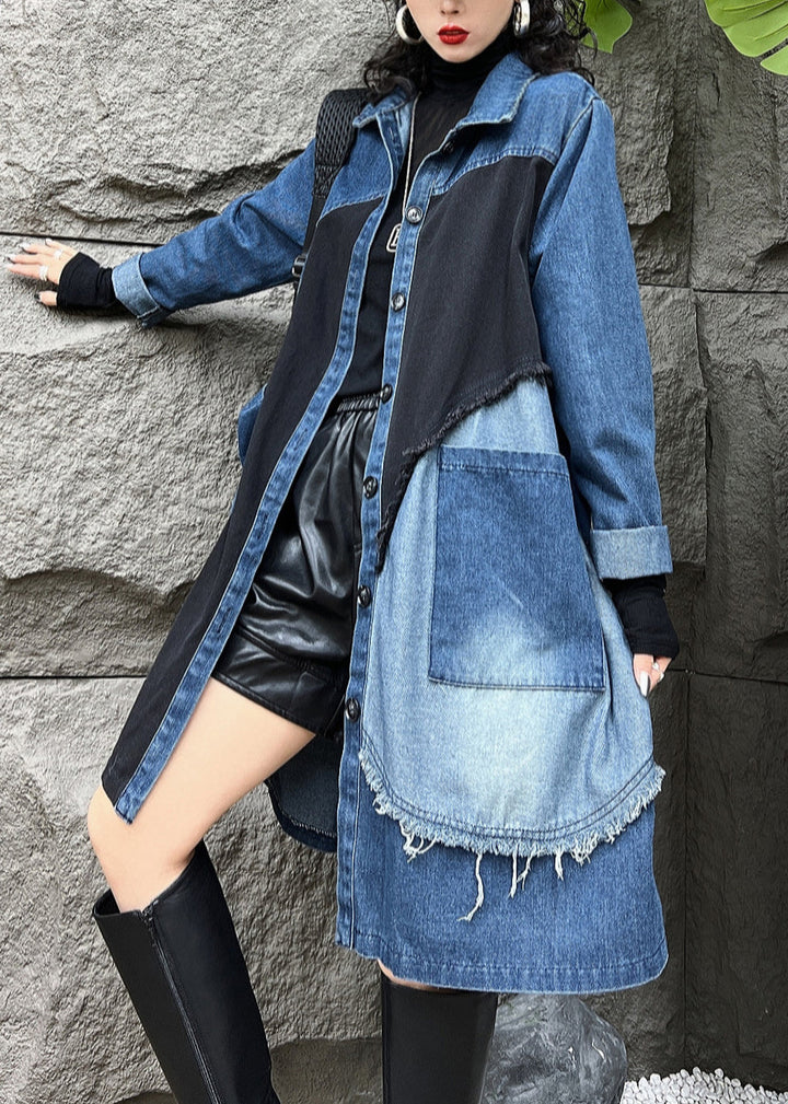 Luvik | Blå Peter Pan Krage Knapp Lommer Denim Trench-coats Lange