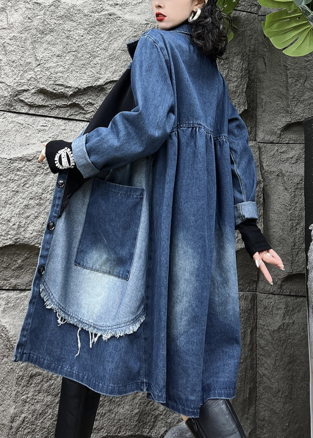 Luvik | Blå Peter Pan Krage Knapp Lommer Denim Trench-coats Lange
