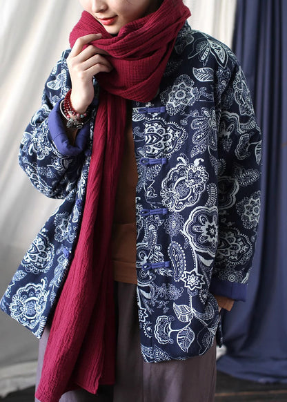 Luvik | Ohut painettu puuvillatakki sinisellä korkean kauluksella