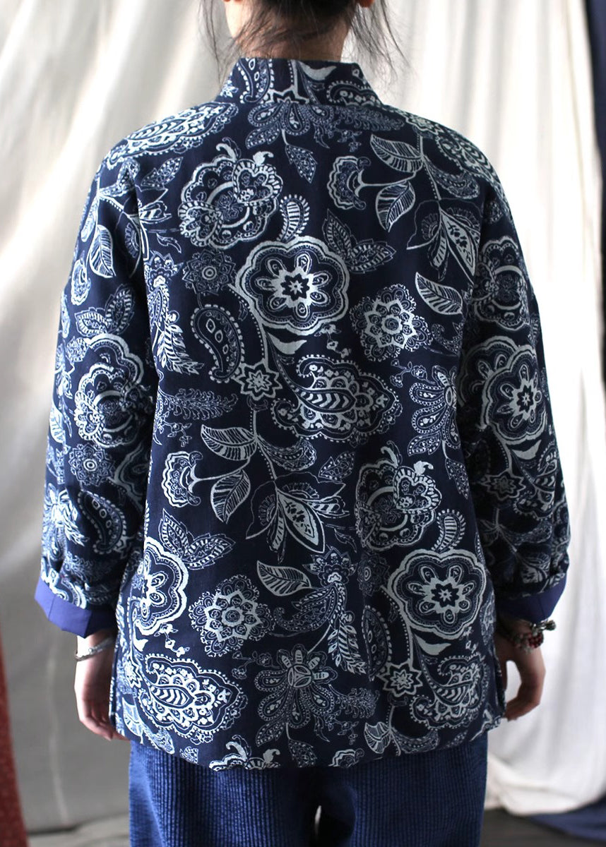 Luvik | Tynn trykt bomullsjakke med høy krage i blå