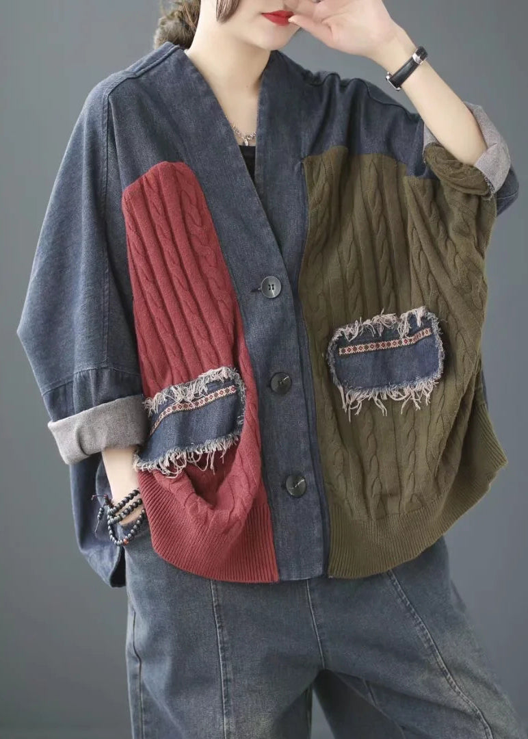 Luvik | Denim patchwork takki V-kaula-aukolla sininen pitkät hihat