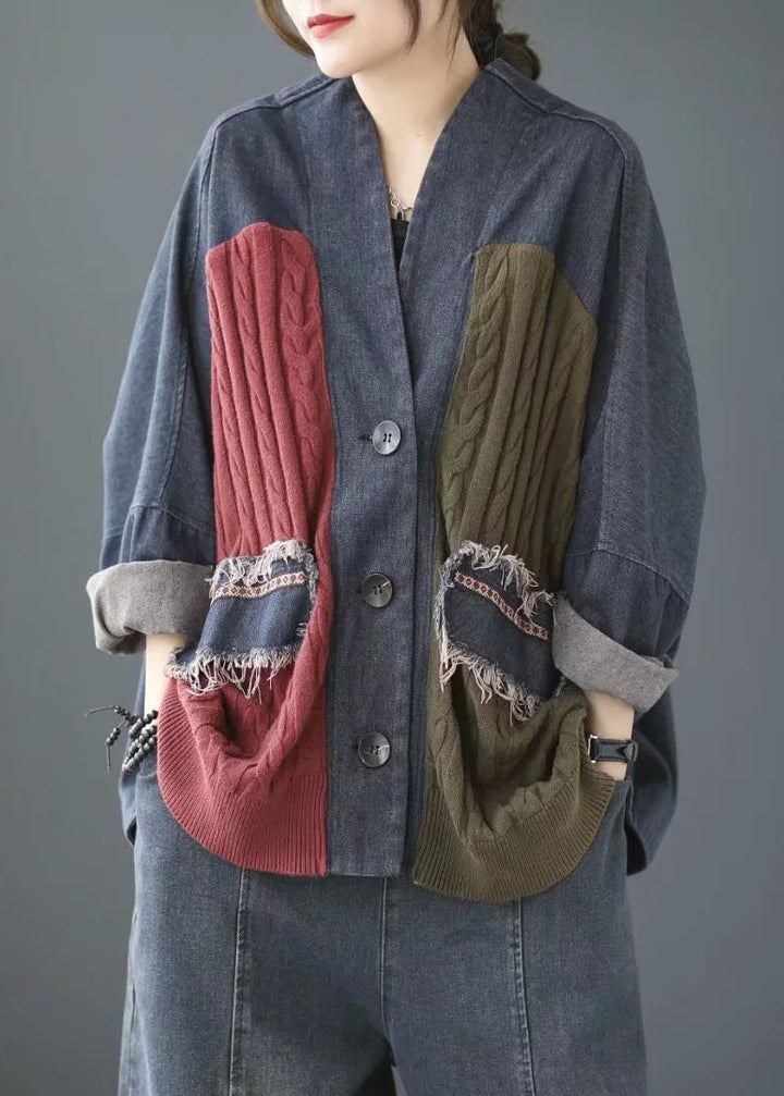 Luvik | Denim lappet jakké V-hals blå lange ermer