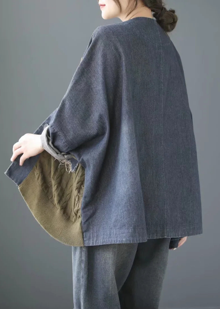 Luvik | Denim lappet jakké V-hals blå lange ermer