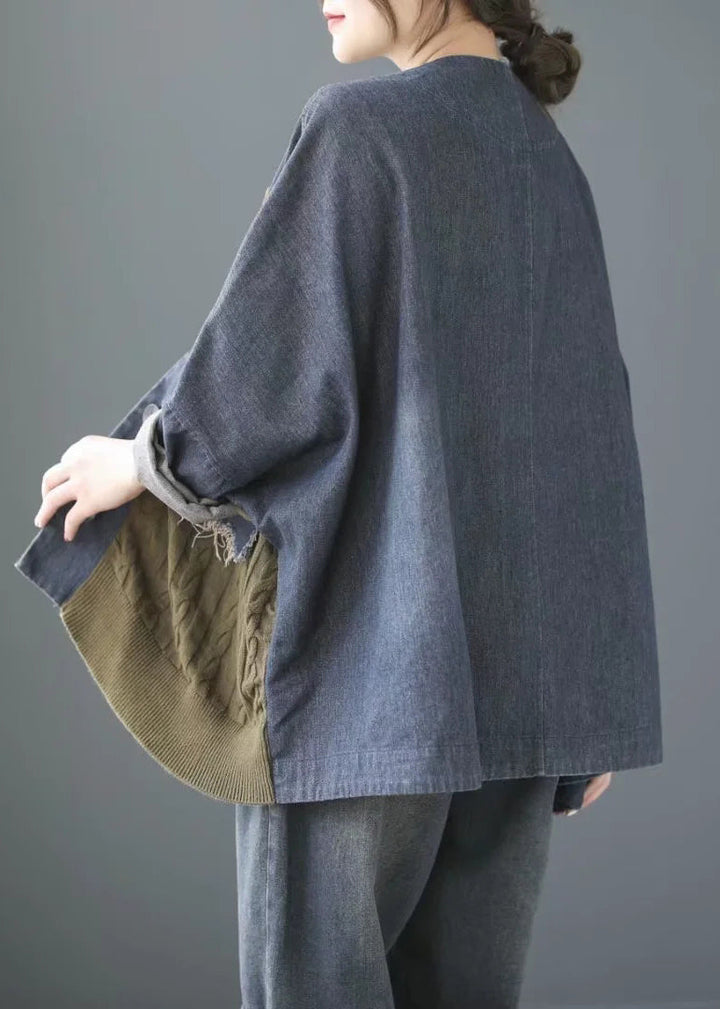Luvik | Denim lappet jakké V-hals blå lange ermer