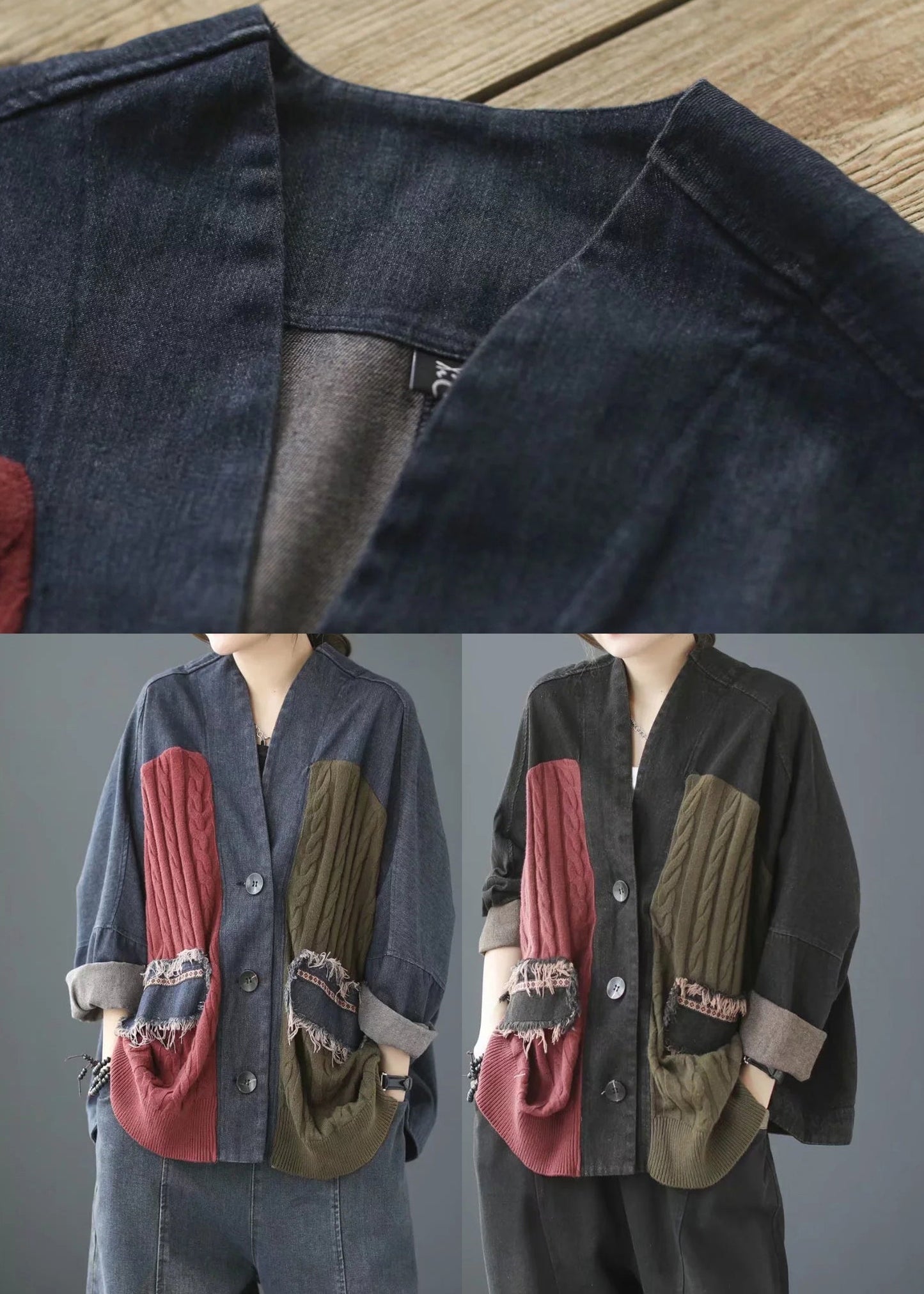 Luvik | Denim patchwork takki V-kaula-aukolla sininen pitkät hihat