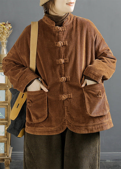 Luvik | Ruskea kiinalainen corduroy-takki nappitaskuilla