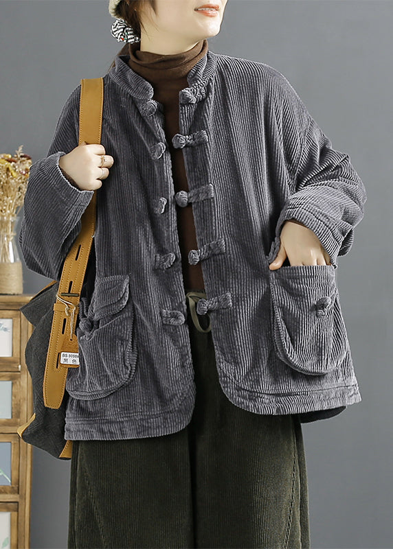 Luvik | Ruskea kiinalainen corduroy-takki nappitaskuilla