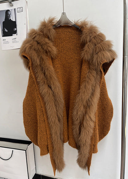 Luvik | Ruskea kettu Kaulus Taskut Patches Neuletakki