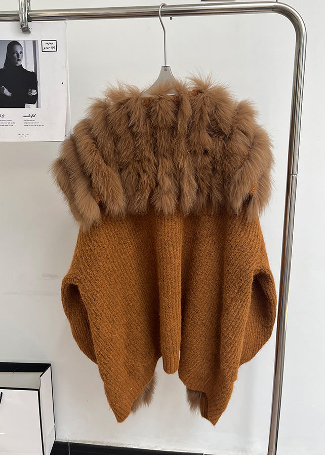 Luvik | Ruskea kettu Kaulus Taskut Patches Neuletakki