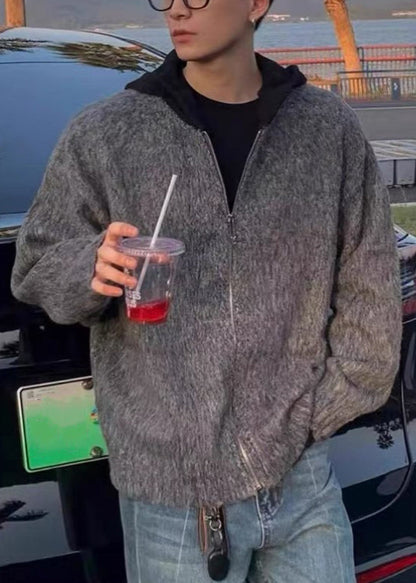 Luvik | Harmaa huppari vetoketjulla patchwork neule takit miehille