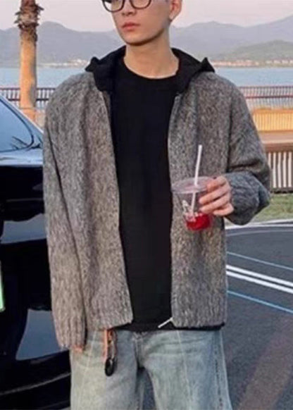 Luvik | Harmaa huppari vetoketjulla patchwork neule takit miehille