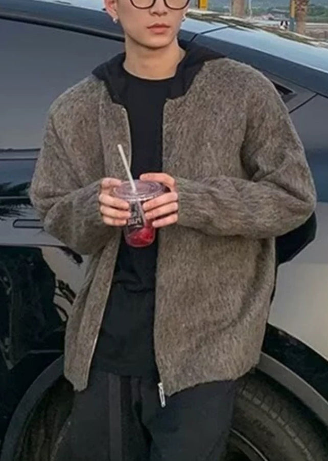 Luvik | Harmaa huppari vetoketjulla patchwork neule takit miehille