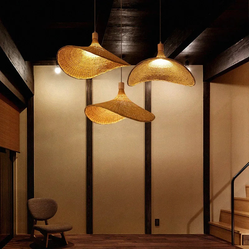 Naturlig bambus pendellampe for spisestue, håndlaget hengende lampe i boho stil | Luvikno