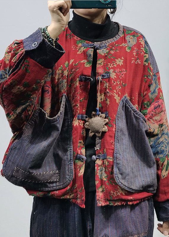 Luvik | O-Hals Knapper Store Lommer Patchwork Trykk Bomull Jakker Lange Ermer