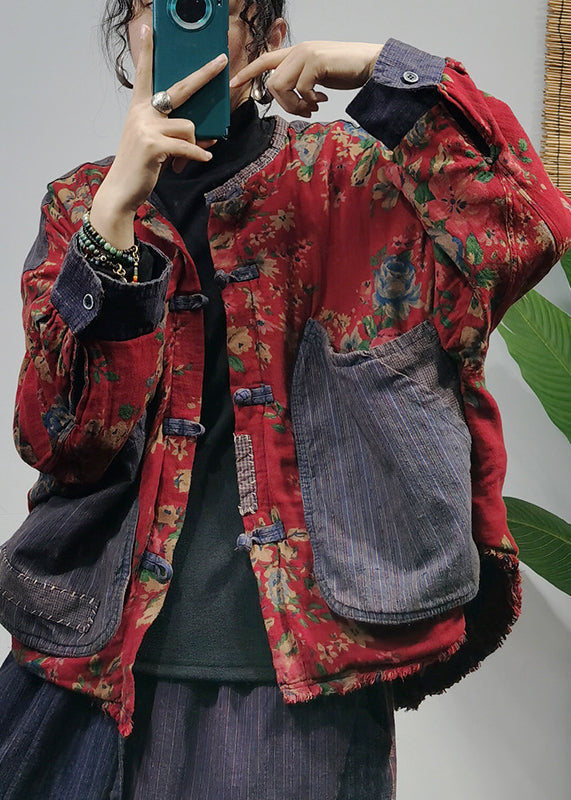 Luvik | O-Kaula Nappi Suuret TASKUT Patchwork Tulostaa Puuvilla Takit Pitkät Hihat