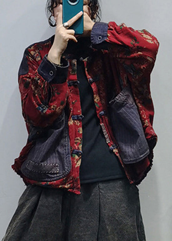 Luvik | O-Kaula Nappi Suuret TASKUT Patchwork Tulostaa Puuvilla Takit Pitkät Hihat