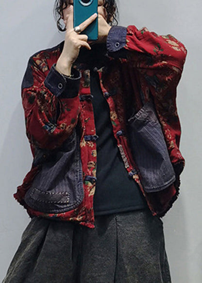 Luvik | O-Kaula Nappi Suuret TASKUT Patchwork Tulostaa Puuvilla Takit Pitkät Hihat