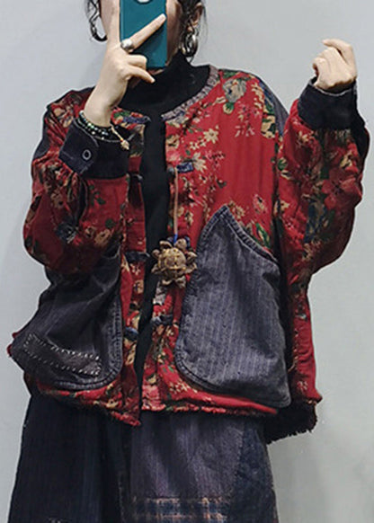 Luvik | O-Kaula Nappi Suuret TASKUT Patchwork Tulostaa Puuvilla Takit Pitkät Hihat