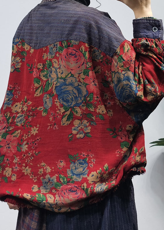 Luvik | O-Hals Knapper Store Lommer Patchwork Trykk Bomull Jakker Lange Ermer